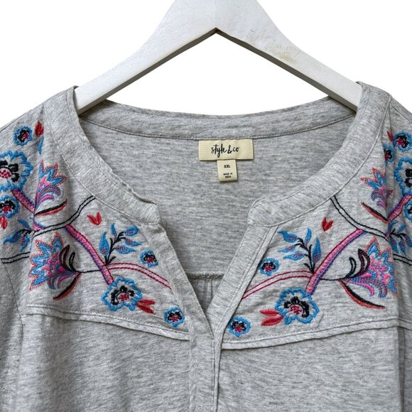 Style & Co. Gray Henley Tee XXL Womens Boho Top Embroidered Long Sleeve NWT - Picture 3 of 9